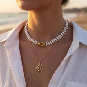 Boho Baroque Irregular Imitation Pearl Necklace For Women Vintage Sun Pendant Layered Choker Summer Vacation Party Jewelry Gift
