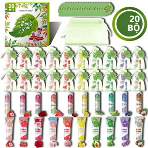 Bộ Quà Tặng Cao Cấp - 20 Bộ/hộp 10 Mùi Hương Kem Dưỡng Tay & Son Môi Bộ Dưỡng Ẩm Kèm Thiệp Cảm Ơn Và Túi Quà Màu Xanh Lá