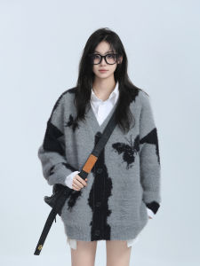 ผีเสื้อ คอวี เปิด คาร์ดิเกน เสื้อสเวตเตอร์ ผู้หญิง หลวม เสื้อโค้ทถักขี้เกียจ ฤดูใบไม้ร่วง ฤดูหนาว อเมริกัน สไตล์เรโทร หญิง หวาน สไตล์