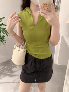 Áo Vest Không Tay Màu Xanh Lá Cây Ôm Vừa Vặn Có Mũ Trùm Đầu Thời Trang Mùa Hè Cho Nữ Áo Khoác Ngoài Ngắn Phong Cách Mỹ