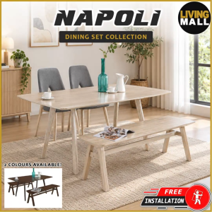 Living Mall Napoli Solid Wood Dining Set Table with Chair and Bench - in Natural and Walnut Colour