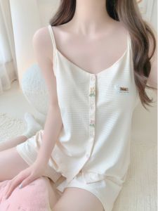 ผู้หญิง เซ็กซี่ ฤดูร้อน ผ้าฝ้าย ชุดนอน ชุดพร้อมแผ่นรองหน้าอกแบบสั้น กางเกง สองชิ้น ลำลอง ชุดอยู่บ้านคอวีลายดอกไม้พืช