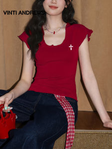 Red U-neck Short Sleeve New Summer Eared Slim Fit Blouse