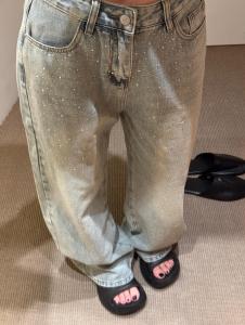 High Waist Loose Straight Leg Jeans Womens Fashion 2025 New Style Slimming Narrow Version Diamond Embellished Wide Leg Pants