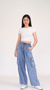 Celana Cargo Kulot Highwaist Panjang Jeans Wanita Fit XXL Pinggang Karet Agna Agata Lisa Cargo