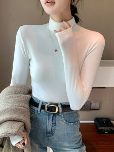 เสื้อยืดคอกลมแขนยาวทรงสลิมฟิตสำหรับผู้หญิง ฤดูใบไม้ร่วง/ฤดูหนาว ความหนา อบอุ่น สีขาว ไซส์ใหญ่ เสื้อยืดคอกลมแฟชั่นใหม่