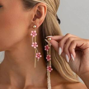 Ingemark Sweet Exquisite Pink White Flower Tassel Drop Earrings Women New Trendy Piercing Metal Ear Accessories Wedding Jewelry