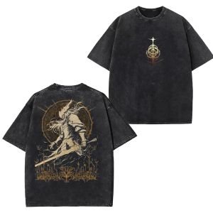 Mens Womens Oversized Short Vintage Cotton Game Print Washed T-Shirt American Street Trendy Brand Sleeved HipHop Tee Tops Summer