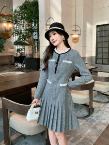 Luxurious plus Size Womens Spring Autumn Plaid Skirt Slimming Gored Dress Small Fragrance Style with Lace Splicing A-Line Dress