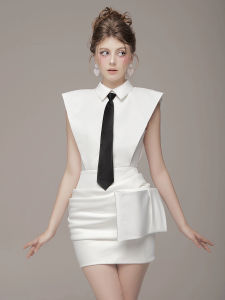 Elegant White Bow Tie Dress Womens Fashionable Unique Waist Cinched Gown Fairy Skirt Style No Sleeve Polyester Spring Summer Autumn