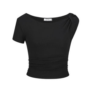 White Shoulder Bared Short Sleeve T Shirt Womens Slim Fit Diagonal Collar Summer New Design Spicy Girl Short Style Side Shoulder Top