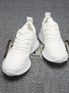 Mens Summer 2024 New White Sports Shoes Breathable Mesh Fly Knit Versatile Sneakers Casual Comfortable Leather Splicing