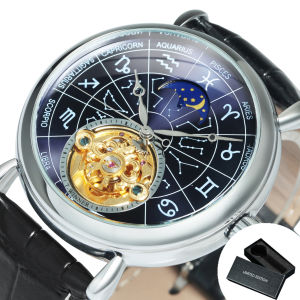 T-WINNER | WINNER Fashion 12 Zodiac Constellations Astronomical Mechanical Watch for Men Luminous Luxury Automatic Watches Leather Strap