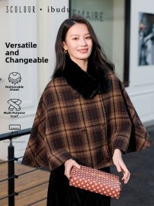 3COLOUR·S | Wool Plaid Scarf Brown Check Retro Double-breasted