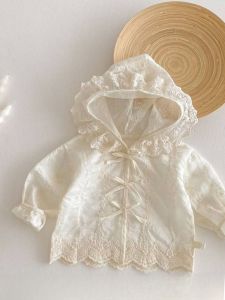 Girls Pure Color Air Conditioned Shirt 2025 New Style 0-5 Years Summer Baby Embroidered Lace Thin Hooded Jacket Short Sleeve