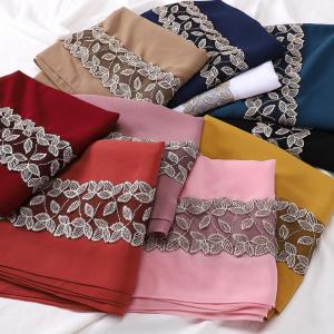 Jifang Plain Bubble Chiffon Pashmina Shawl with Embroidery Leaves Lace Brim Decor Muslim Hijabs Shawls 180x70cm SL92