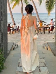 French Initial Summer Beach Dress Backless Knotting Irregular Coastline Holiday Womens Dress A-line Skirt Loose Waist
