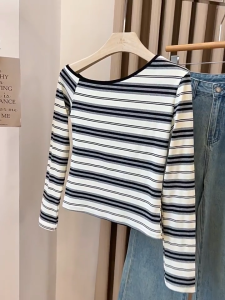 Women Off Shoulder Long Sleeve Top Korean Fashion Slim Fit Casual Striped T-Shirt