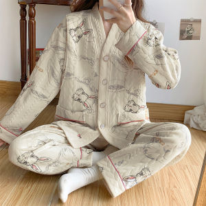 Áo Ngủ Cotton Dày Cho Bà Bầu Sau Sinh Mùa Thu Đông Áo Ngủ Cho Bà Bầu Bú Ống Dài Cổ Chữ V Quần Dài Thoải Mái