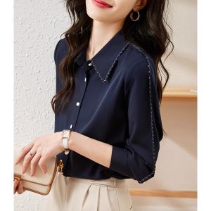 Elegant Loose French Design Polo Collar Long Sleeve Spring Autumn Shirt