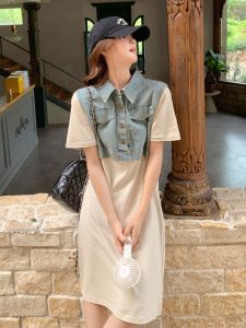 YINLUOYA | ชุดเดรสยีนส์สไตล์ฝรั่งเศส ทรงหลวม ทรงเข้ารูป ดีไซน์เก๋ไก๋ สำหรับผู้หญิงในฤดูร้อน ชุดเดรสแขนสั้น กระโปรงทรงเอ