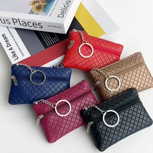 Women Mini Diamond Lattice PU Leather Double Zipper Coin Purses & Pouches Key Pouch Card Holder Small Wallet with Key Ring