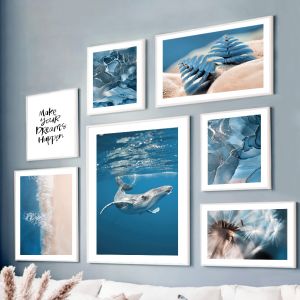 Minimalist Blue Coastal Whale Gallery Wall Art Ocean Beach Nature Canvas Poster Prints Living Room Home Decor & Perfect Gifts
