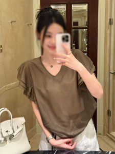 YUFUQING | Cafe Brown V-neck T-shirt Womens Summer New Design Loose Casual Top Unique Personality Small Fly Sleeve Fashionable Loose Fit