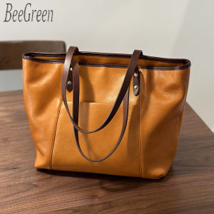 BeeGreen Women Genuine Leather Tote bag Large Capacity Commuter Shoulder Bag Elegant Underarm Bag Classic Shopper Bag