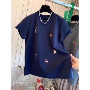 Slightly Oversized Girls Plus Size 150.00kg Embroider Cartoon Short Sleeve T-shirt Female Spring & Fall Brushed Thickened Western Style Youthful-Looking Base Tops
