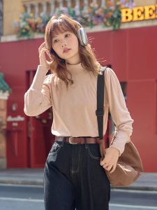 Thickened Long Sleeve French Style Semi-High Collar Base Shirt Womens Autumn Winter Inner Wear Fleece-lined T-shirt