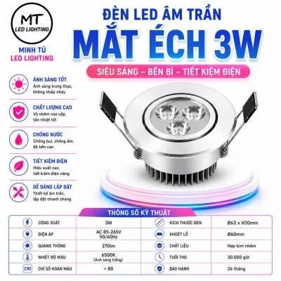 Đèn LED Âm Trần Mắt Ếch 1W 3W 7W - Đèn Rọi Mini Khoét Lỗ 45mm/60mm - Ánh Sáng Trắng 6500K - Tiết Kiệm Điện