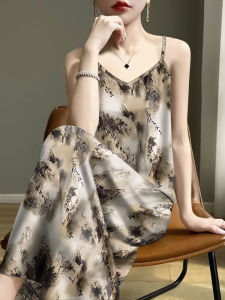 ชุดเดรสยาวคลุมเข่าแขนกุดคอวีพิมพ์ลายแฟชั่นฤดูร้อนสำหรับผู้หญิง ชุดทำงานลำลอง ทรงหลวม แขนกุด คอวี ชุดทำงานลำลอง