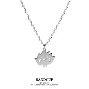 SANDCUP Titanium Steel Necklace Cute Cartoon Anime Weed Design Womens Simple Fashion Jewelry Accessory Cross Chain Style