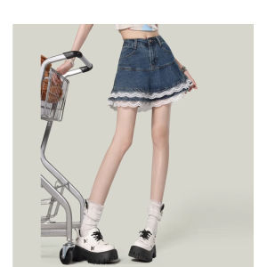 WANGGONGZHU | High Waist Lace Splice Puffy Short Skirt Womens Retro 2025 New Denim Half Skirt Summer A-Line Cake Skirt Princess Style Commute Korean Version