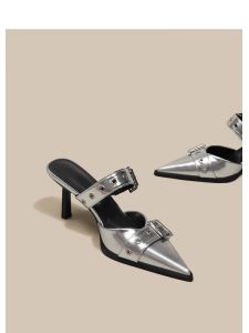 Mũi Nhọn Cao Gót Nữ Giày Mỏng Gót Con La Giày Sandal Bạc Thắt Lưng Bao Phủ Mũi Dép Ngoài Trời Mùa Hè Mẫu Mới