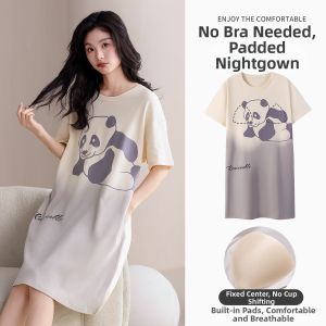Miiow | Pure Cotton Sleep Dress Women Summer With Chest Pad Loose Breathable Girls Nightgown Home Clothes Cartoon Panda Design