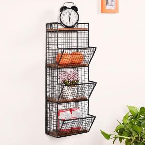 Punch-Free Iron Wall Bookshelf and Storage Shelf Retro Solid Wood Boards Wall-Mounted Shelf Wall Partition Kitchen Bathroom Rack