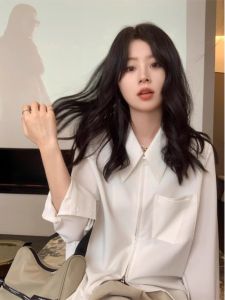 เสื้อเชิ้ตสีขาวผู้หญิง ทรงหลวม แขนยาว ซิป ดีไซน์เก๋ไก๋ ทรงเข้ารูป เสื้อเชิ้ตสไตล์เกาหลี ฤดูใบไม้ร่วง/ฤดูหนาว