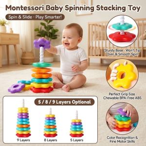 Montessori Rainbow Spinning & Stacking Tower  BPA-Free Baby Sensory Color Recognition Toy  Early Learning Montessori Toy for 6-36Month Kids