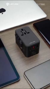 LENYES LCH66 70W GaN Universal Travel Adaptor International Charger Dual Port USB + Type C Fast Charging Built In Cable Type C