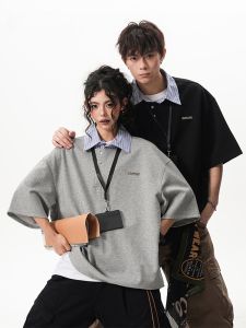 American Style Couple Loose Short Sleeve Henry Collar Polo Shirt Breathable Casual Top Polyester Cotton Spandex Blend Summer Wear