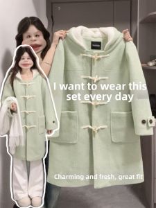 Homecore | Warm and Stylish Green Hooded Coat with Horn Buttons