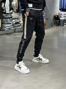 Mens Winter Thickened Fleece Lined Slim Fit Casual Pants Korean Style Side Youth Sports Trousers Small Footed Pants