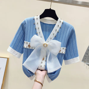 Yao Kexin Womens Discount Clothing Short Sleeve Ice Silk Knit Shirt with Embroidery and Butterfly Knot Summer Thick Work Clothing