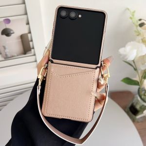 szhaiyu | For Samsung Galaxy Z Flip 8 7E 7 6 5 4 Leather Wallet Shockproof Phone Case With Card Slot With Wrist Strap Chain Soft Cover