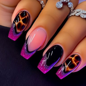 Medium fake nails for women girls Y2K gradient purple green yellow colors leopard print french ballet tips press on nails art
