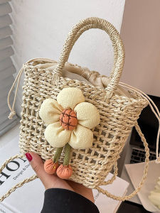 Elegant Woven Straw Bucket Bag Womens Crossbody Basket Style Handbag Soft Korean Fashion Polyester Lining Zipper Closure