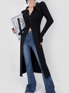 Spring Vintage Style Womens Long Sleeve Knitted Dress Single Button Polo Collar High Waist Midi Length Sun Protection Coat