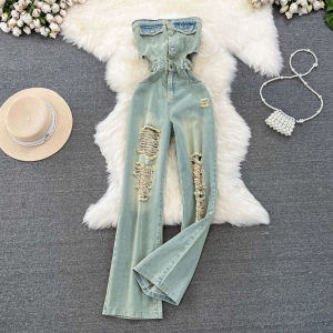 Summer American Retro Tube Top Midriff Outfit Jumpsuit Casual High Waist Slimming Holes Wide-Leg Jeans Jumpsuit for Women